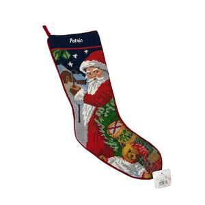 Vintage‎ Needle Crafts Needlepoint Stocking Santa Velvet back and Fabric Lined